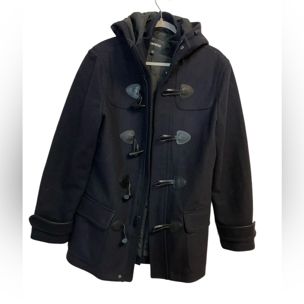 Express Men’s Black Wool Blend Toggle Hooded Coat Size S - Picture 2 of 11